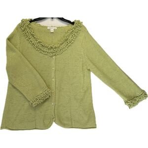 COLDWATER CREEK Button Front Fringed Sweater Cardigan Women's Sz M Citron Green